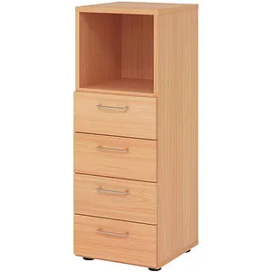 Hammerbacher Regal 3OH mit 4 Schüben - Büroschrank mit 4 Schubkästen aus Buche, ideal für die Organisation von Büromaterialien; höhenjustierbare Sockelgleiter für optimale Stabilität.