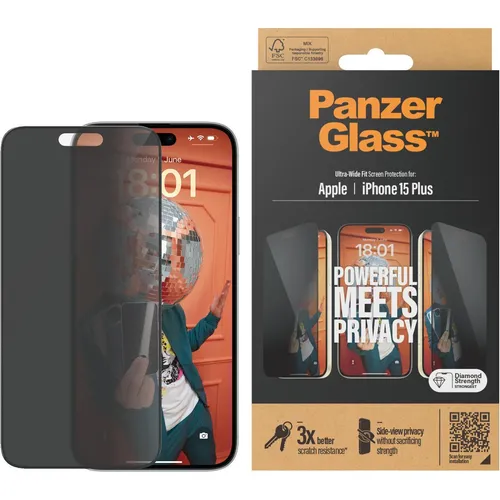 PanzerGlass Bildschirmschutz für Handy - Sichtschutzfilter - PanzerGlass Bildschirmschutz für Handy mit ultrabreiter Passform und Sichtschutzfilter. Ideal für Apple iPhone 15 Plus, schützt das Display zuverlässig und sorgt für Privatsphäre.