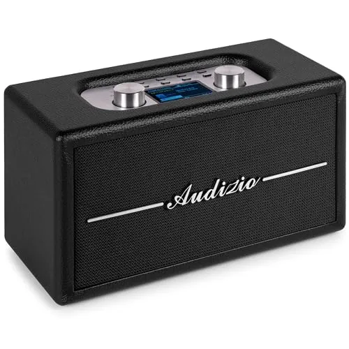 Audizio Tune60, DAB Radio mit Bluetooth Lautsprecher, Fernbedienung, FM, 40 Watt, Batterie- Netzbetrieb, LCD, 20 Speicherplätze, USB/TF, AUX, Wecker, Leder Vintage DAB+ Radio, Schwarz