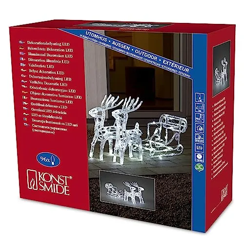 Konstsmide LED Acryl-Set Schlitten mit 2 Rentieren - Lampen für drinnen und draußen, mit 96 kalt weißen Dioden (12 funkelnde) für eine magische Winteratmosphäre und IP44 Schutzklasse.