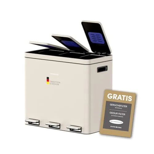 SIEGWERK Kolekto 3 Design-Mülleimer - Mülltrenner 3x18l in Beige - Praktischer Mülltrenner mit Soft-Close-Mechanismus und Kohlefilter zur Geruchsreduzierung. Ideal für die stilvolle Mülltrennung in 5 eleganten Farben.