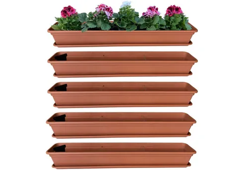 Hossi's Wholesale 4er Blumenkasten Set mit Bewässerungssystem - Praktisches 4er Set Blumenkästen aus robustem Kunststoff, ideal für Balkon und Garten. Mit integriertem Bewässerungssystem für optimale Wasserversorgung und passenden Untersetzern für eine saubere Nutzung. Maße: 100 cm, langlebig und wetterfest.