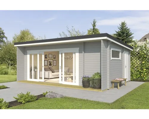 Gartenhaus Blockhaus Pultdach 44 mm Java grau - Gartenhaus aus robustem Holz mit 44 mm Wandstärke, ideal für Gartenliebhaber. Bietet 22.8 m² Nutzfläche und eine abschließbare Schiebetür für Sicherheit.