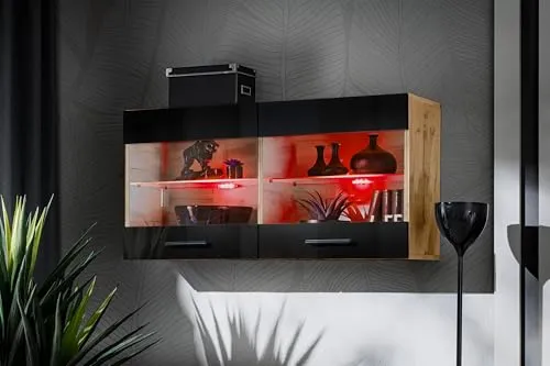 Komodee, Vitrine Schrank Savona, Schwarz/Wotan, Breite 100cm x Höhe 50cm x Tiefe 30cm, LED RGB, 2 Glasböden, 2 Türen, für Wohnzimmer, Küche