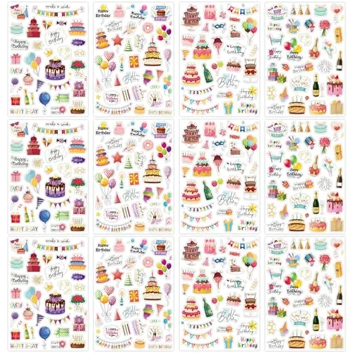 Guyode 12 Stück Sticker Geburtstag, 4 Stile Aufkleber Geburtstag, Geburtstagssticker für Kinder, 20 x 14 cm Sticker für Fotoalbum Geschenke Gästebuch Fotobuch Geburtstagskarten DIY Karten