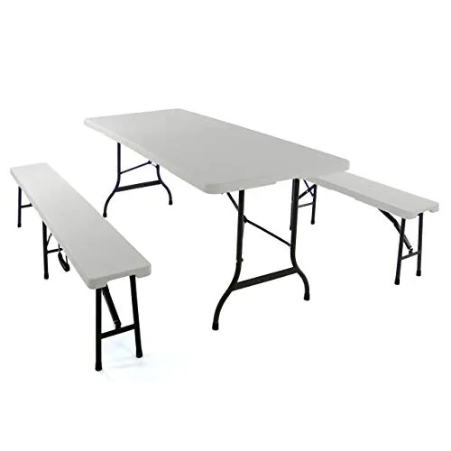 Nexos Bierzeltgarnitur 1 Partytisch 2 Bänke klappbar weiß 180 cm Gartengarnitur Set Festzelt Campingset Klapptisch 180x74 cm robust wetterfest