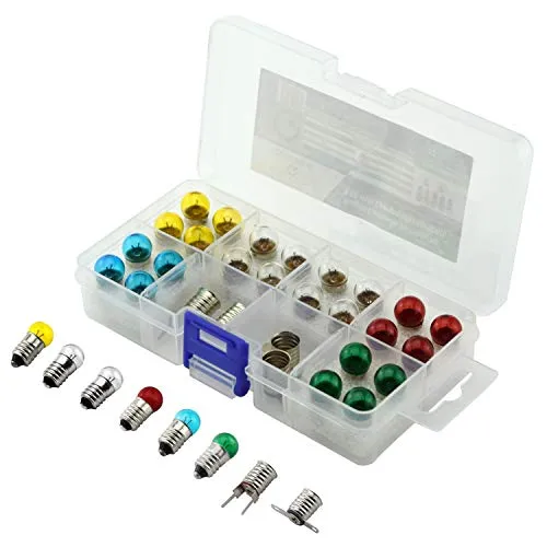 QUADRIOS GmbH Kugellampen 0,7W Sortiment Set E10 Klar Farbig Bunt (3,5V/ 200mA) mit Fassungen, Doku 32 Teile (Ersatzteile für herkömmliche Beleuchtungen, Fahrrad, Gartenleuchte, Taschenlampe, Modell)