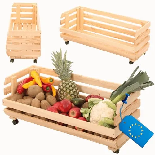 MODO24 Modular Holzregal für Gemüse & Obst auf Rollen, Stapelbares Regalsystem aus Kiefernholz, 1 Holzkiste, Kartoffelsteige, Küchenregal, Vorratsregal, Gemüseregal, Abm. 30x77x30 cm, Fargbe: Natur