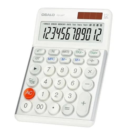 OSALO Taschenrechner große Tasten Großes Display 12-stelliger Tischrechner Bürorechner Schreib mit Mehrwert Steuer Funktion für Schule, Büro, Steuerberechnung (FQ-300T)
