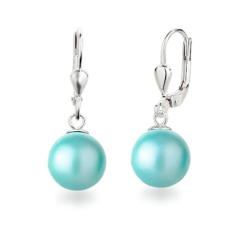 Schöner-SD Perlenohrringe 925 Silber mit 10mm Irid. Light Türkis - Ohrringe für Damen mit hängenden, metallisch schimmernden Perlen in Türkis. Hochwertige 925 Silber Verarbeitung, nickelfrei und hypoallergen für optimalen Tragekomfort.