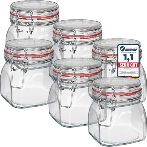 WELLGRO Einmachgläser mit Bügelverschluss eckig, Fermentierglas, Vorratsgläser mit Deckel, Bügelglas - Gläser mit Deckel Made in Germany (630ml x 6 Stück)
