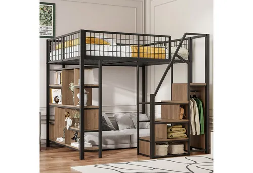Multifunktionales Hochbett 140 x 200 cm mit Stauraum und Treppe - Platzsparendes Hochbett für kleine Wohnungen, mit integriertem Stauraum und vielseitigen Ablageflächen. Stabil und modern, ideal für Erwachsene und Kinder.