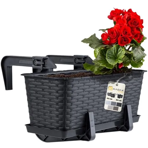 KADAX Blumenkasten 40 cm Anthrazit mit Halterungen & Untersetzer, Rattan-Optik – Pflanzkasten für Balkon, Stabiler Balkonkasten