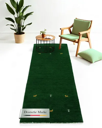 carpetfine Wollteppich Gabbeh Uni - Handgewebt in Grün, 75x200 cm - Teppich aus 100% reiner Wolle, handgewebt und robust, ideal für eine fußwarme Wohnatmosphäre mit schmutzabweisenden Eigenschaften.