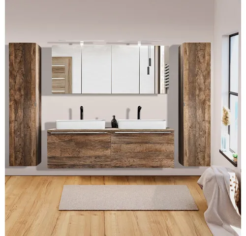 Lomadox Badezimmermöbel Set in Vintage Oak Eiche, 160cm Doppel-Waschtisch - Komplettprogramme für Badezimmer mit 2 Keramik-Waschbecken, Softclose-Funktion und stilvollen LED-Spiegelschränken für modernes Design und hohen Komfort.