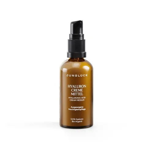 JUNGLÜCK Tagescreme Hyaluron Creme Mittel - Die ausgewogene Feuchtigkeitspflege für Mischhaut und trockene Haut. Mit 0,5% Hyaluron, Bio-Aloe Vera und Bio-Arganöl sorgt sie für ein geschmeidiges Hautgefühl und schützt die Haut optimal.
