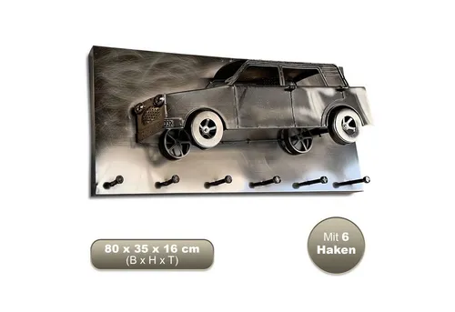 Haku Garderobe Oldtimer - Wandhaken mit 3D Bild Optik - Wandgarderobe für Erwachsene mit 6 Metallhaken im nostalgischen Oldtimer-Design, ideal für Flur und Diele. Stilvolle 3D Optik in elegantem Schwarz.