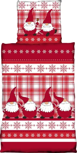 Winter Bettwäsche 135x200 cm Kariert Wichtel rot weiß Thermofleece