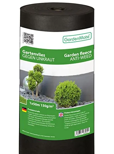 GardenMate 1 m x 50 m Rolle Vlies-Unkrautvlies – UV-stabilisierte Schwarze 150 g/m² Landschafts-Bodendecker-Membran