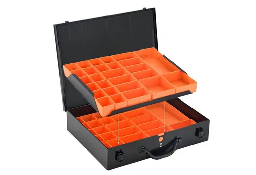 ALUBOX Sortimentskasten Stahlblechkoffer Metall schwarz (54 St) - Ordnungsboxen mit individueller Fächereinteilung, ideal für Werkzeuge und Kleinteile, sicher verschließbar und robust aus lackiertem Metall.