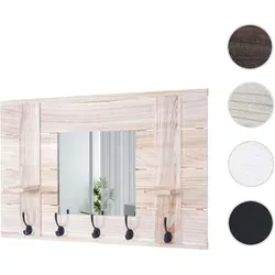 Wandgarderobe HWC-C89 mit Spiegel im Shabby-Look - Garderobe mit integriertem Spiegel und 5 Haken, aus stabilem Paulowniaholz, ideal für einen stilvollen Eingangsbereich. Praktische Ablageflächen für Schlüssel und Deko.