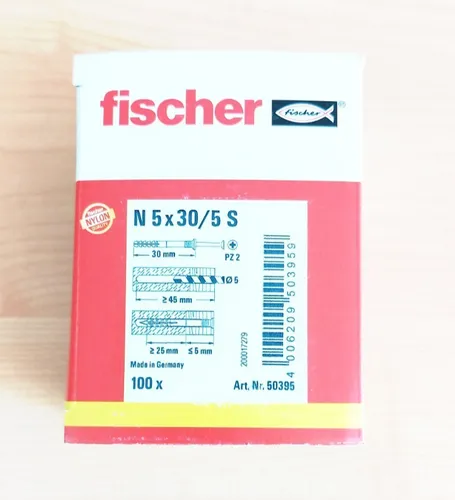 Fischer Nageldübel N 5 x 30 - 5 Stück A2, integrierte Einschlagsperre für sichere Montage und ideale Serienmontage