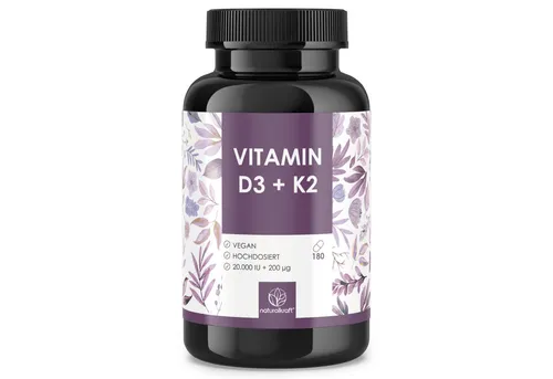 Naturalkraft Vitamin D3 + K2, 20.000 IE + 200 mcg, 180 Stk. - Hochdosiert - Vegan Kapseln, 108 g