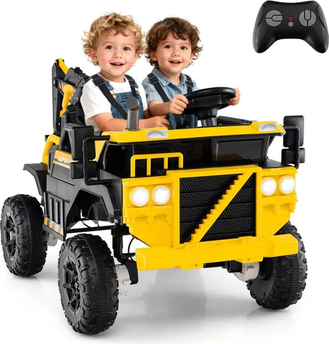 GOPLUS Kinder Elektro Bagger, 24V Aufsitzbagger mit 3 Sitzen, Schaufel, Musik & LED-Lichtern, Kinderfahrzeug mit Sound, Hupe, für 3-8 Jahre