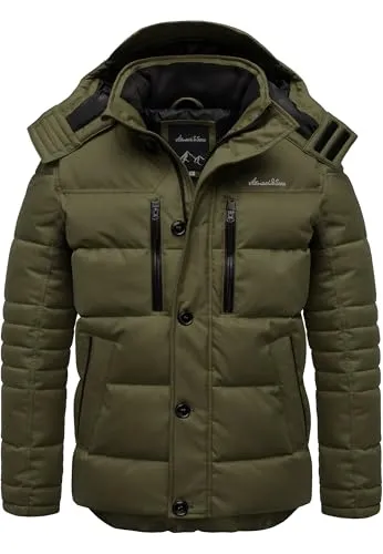 Amaci&Sons Herren Gefütterte Winterjacke 9138 Olive XL - Moderne Herren Winterjacke mit Kapuze von Amaci&Sons – leicht und warm, ideal für kalte Tage. Praktische Reißverschlusstaschen bieten Stauraum. In 4 Farben erhältlich, perfekt kombinierbar mit Jeans oder Chinos.