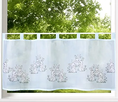 heimtexland ® Scheibengardine Hasen Bistrogardine Kinderzimmer Baby Deko Gardine Hellblau Kindergardine HxB 45x120 Typ788
