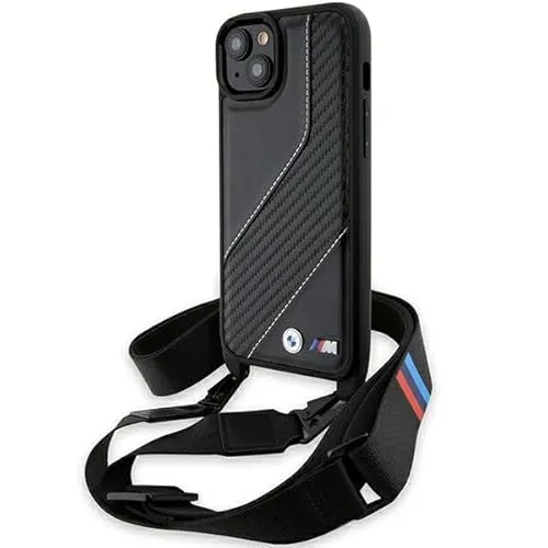 BMW Hard PU Leder Hülle mit Gurt für iPhone 15 Plus / 14 Plus - Schwarz - Taschen & Schutzhüllen, stilvolle PU-Leder Hülle mit Gurt für optimalen Schutz und elegantes Design.