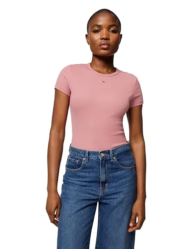 Tommy Jeans T-Shirt TJW SLIM ESSENTIAL RIB SS - Rotes Slim Fit Shirt - Shirts mit elastischer Rippstruktur für optimalen Tragekomfort, ideal für einen lässigen Look. Größe XS (34), fällt klein aus, bitte eine Größe größer bestellen.