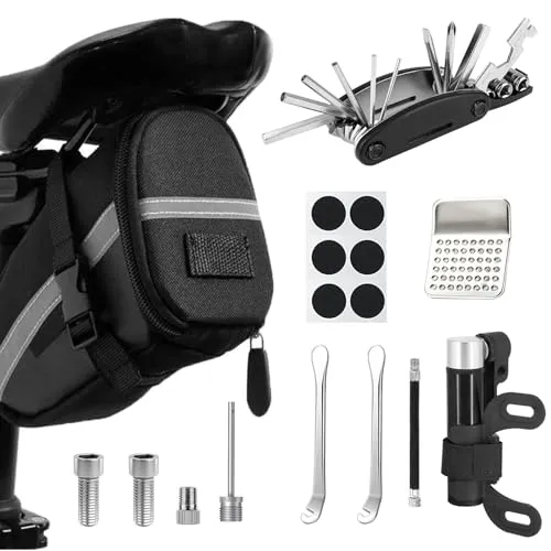 Flickzeug Fahrrad, Fahrrad Reparaturset mit Satteltasche, 16-in-1 Fahrrad Multitool + 120 PSI Mini-Luftpumpe, Fahrrad Werkzeugset unterwegs, Notfallwerkzeug Flickzeug, Werkzeug Set für Fahrrad, MTB