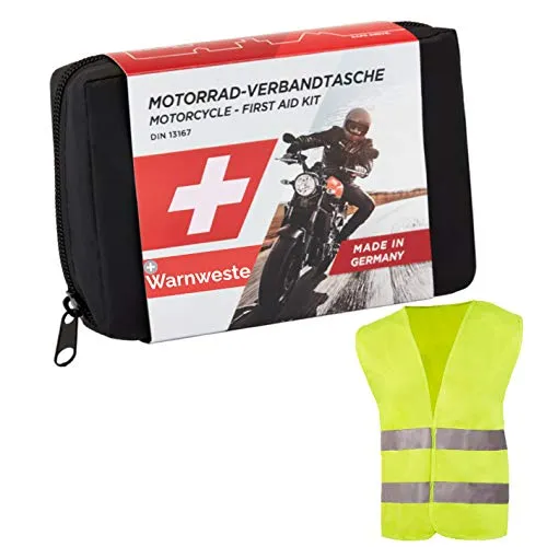 GoLab ® Motorrad Erste Hilfe Set - Kompakte Verbandtasche nach DIN 13167 für Motorradfahrer, inklusive Warnweste und ideal für alle europäischen Länder – perfekt für den Notfall unterwegs.