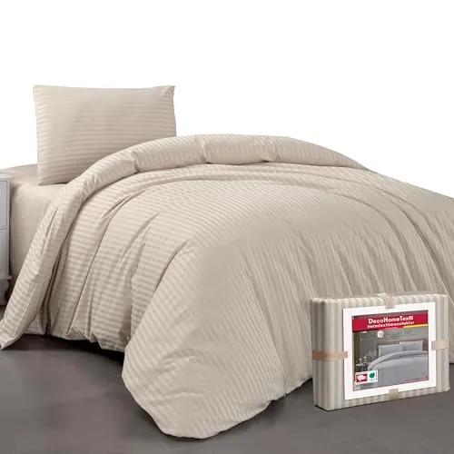 DecoHomeTextil Bettwäsche Set Bettgarnitur mit Reißverschluss Polycotton Streifen Taupe 1x Bettbezug 135 x 200 cm + 1x Kissenbezug 80 x 80 cm