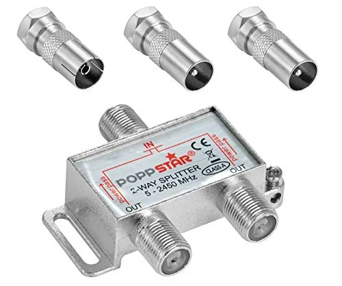 Poppstar Sat-Verteiler Antennenverteiler Splitter Umschalter 2-Fach inkl. IEC Stecker (analog/digital/BK/unicable/HD/4K tauglich) für TV,Antenne,Satellit,Kabel,Fernseher,Radio,LNB