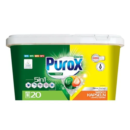 PUROX UNIVERSAL Waschkapseln (20 Stück) – Waschmittel für alle Textilien, entfernt Flecken, schützt Farben, vollständig ausspülbar, umweltfreundlich, Box