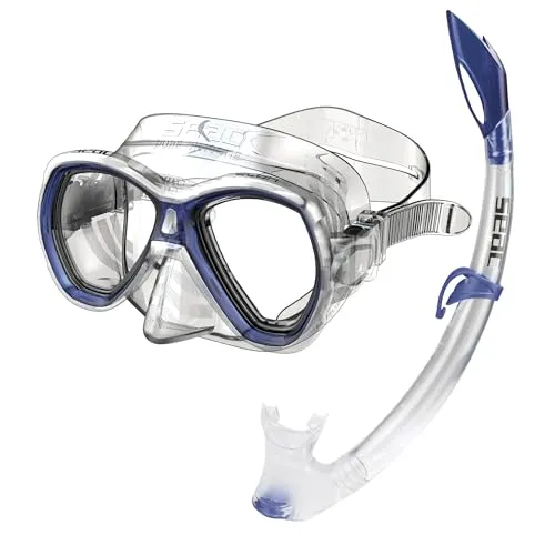 SEAC Set Elba, Schnorchelset aus hypoallergenem Silikon mit Maske und Schnorchel für Erwachsene, transparent/blau, Narrow