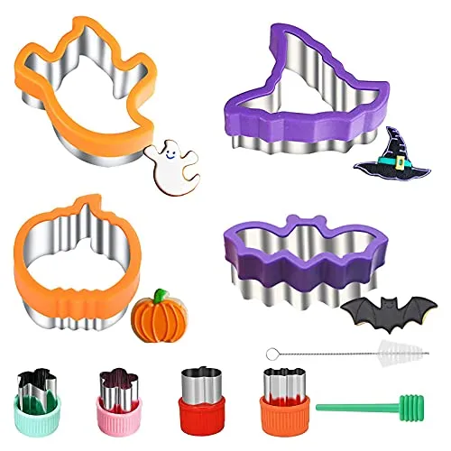 Halloween Ausstecher-Ausstechformen Set, 10 Stück Keksausstecher für Größen, darunter Kürbis, Geist, Fledermaus, Hexenhut, Gemüse Obst, Edelstahl,für Backen mit Kinder