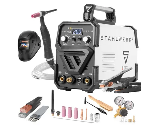 STAHLWERK DC WIG 200 ST IGBT - Kombi WIG Schweißgerät mit 200 A und MMA, 7 Jahre Garantie und umfangreichem Zubehör für Stahl und Edelstahl