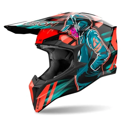 Airoh Wraaap Cyber Motocrosshelm - Schwarz/Orange/Petrol - XS - Motorradhelm mit aggressiver Optik, ideal für alle Altersgruppen. Ausgestattet mit HRT-Schale, optimiertem Belüftungssystem und herausnehmbaren Innenfutter für maximalen Komfort.