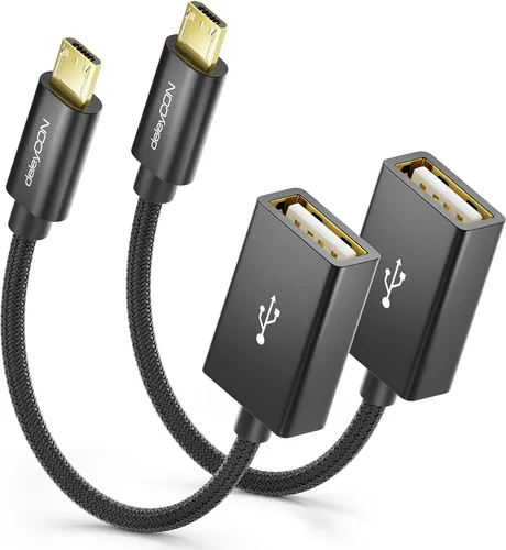 deleyCON 2 Stück USB 2.0 OTG Adapter Kabel Nylon + Metallstecker - Micro USB auf USB-A Buchse Datenkabel Smartphone & Tablet Verbinden mit USB Stick - 10cm Kurz - Schwarz