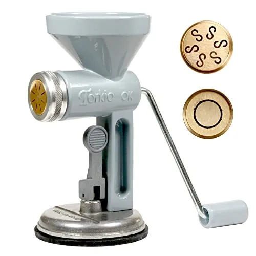 Nudelmaschine manuell mit Saugnapf und zwei Matrizen aus Messing für Casarecce und Paccheri | TORKIO OK Leonardo Teigschneider