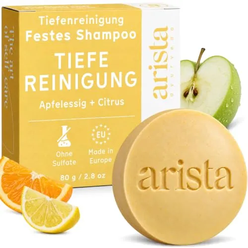 Arista Tiefenreinigungsshampoo mit Apfelessig, Festes Shampoo gegen fettige Haare, Entfernt Rückstände von Pflegeprodukten und hartem Wasser, Stellt Glanz Wieder Her, Vegan und Sulfatfrei (80 g)