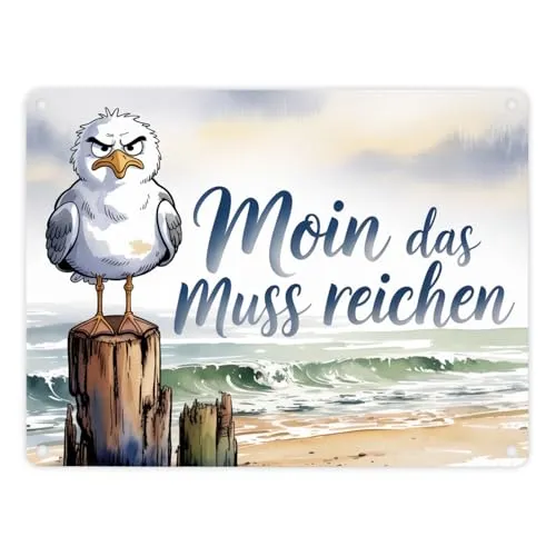 Möwe Aquarell Moin Spruch Metallschild 15x20 cm - Wand- & Türschilder mit humorvollem Design einer mürrischen Möwe. Ideal als maritimes Deko-Highlight oder Geschenk für Küstenliebhaber. Bringen Sie nordischen Charme in Ihr Zuhause!