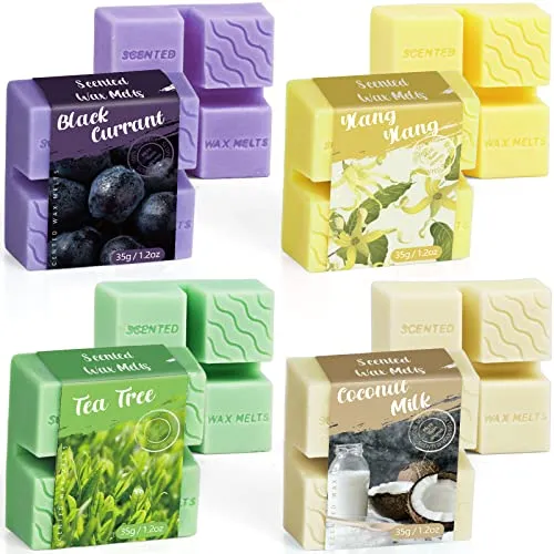 Duftwachs für Duftlampe - Vegan Wachsschmelzen Geschenkset - Kerzenduft mit 4 natürlichen Düften: Tee Baum, Ylang-Ylang, Schwarze Johannisbeere und Kokosnuss. Ideal für Entspannung und Aromatherapie, umweltfreundlich und langlebig.