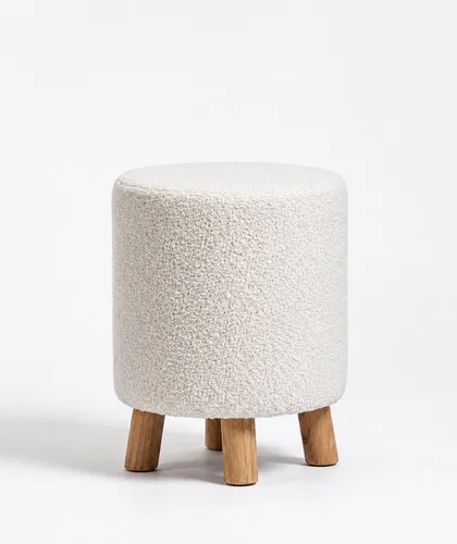 Skandinavischer Bouclé-Hocker mit Holzbeinen - Moderner runder Sitzhocker aus hochwertigem Bouclé-Stoff, ideal für stilvolle Akzente in jedem Raum. Maße: 39 x 39 x 40 cm, mit stabilen Holzbeinen für hohe Belastbarkeit.