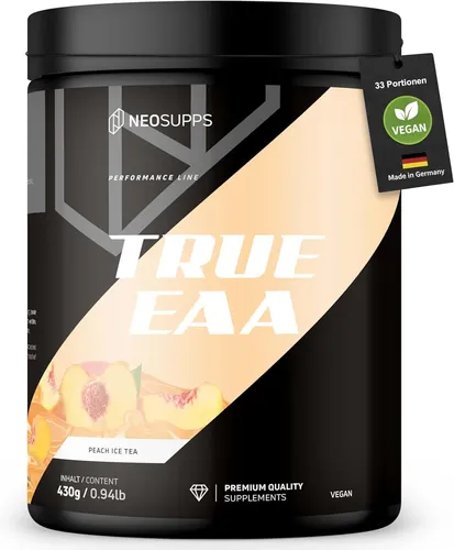 Neosupps True EAA - Peach Ice Tea 430g - Hochdosiertes Pulver mit 8 essentiellen Aminosäuren plus L-Histidin. Ideal für die Unterstützung während des Trainings. Vegan, laktosefrei und mit hervorragendem Geschmack!