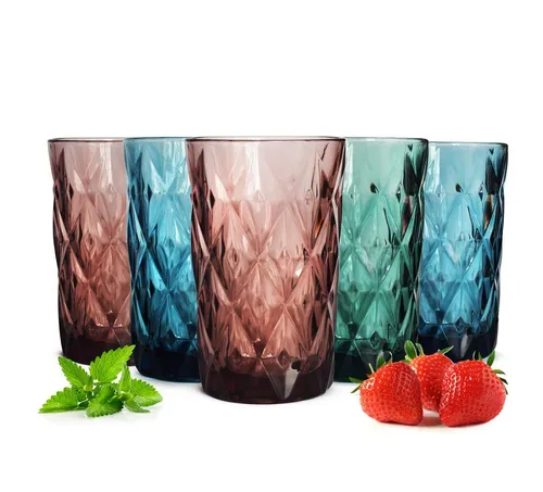 Bunte Trinkgläser 350ml - 6er Set Longdrink- & Cocktailgläser - Gläser & Glaswaren: 350ml Longdrinkgläser, dekoriert und spülmaschinenfest, ideal für Cocktails und Heißgetränke, inklusive Präsentschachtel.