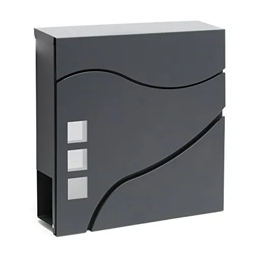 Wiltec Designer Briefkasten V28 Anthrazit - Wandbriefkasten aus pulverbeschichtetem Stahl, modern und abschließbar, ideal für sichere Postzustellung mit Sichtfenstern und Zeitungsrolle.